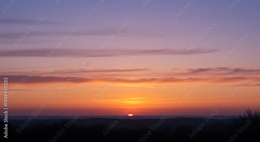 Serene Sunset Landscape: Warm Hues and Silhouetted Horizon Serene Sunset Landscape: Warm Hues and Silhouetted Horizon