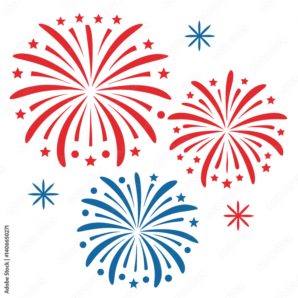 Fire works red blue and white on white background