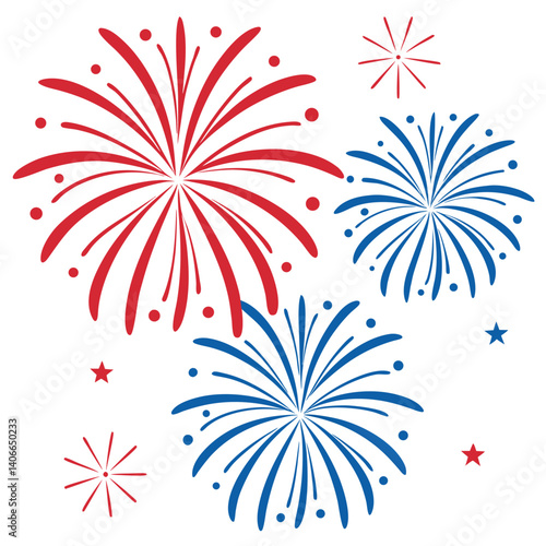 Fire works red blue and white on white background 