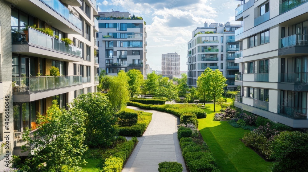 Apartment complex courtyard with green landscaping and walking paths Apartment complex courtyard with green landscaping and walking paths