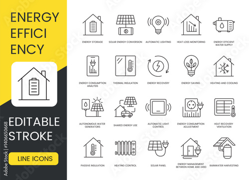 A set of vector icons representing energy efficiency technologies and smart home energy management systems, created in line style with editable stroke