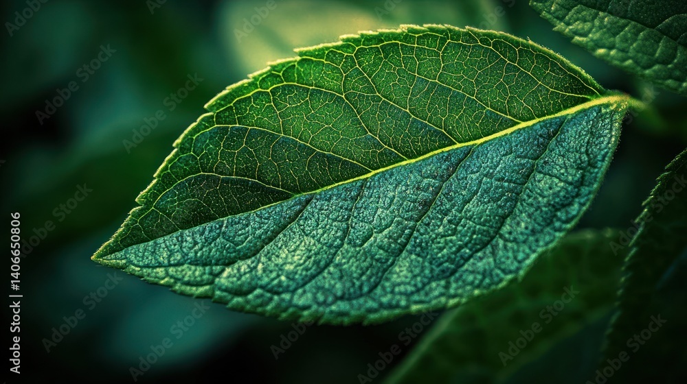 Close-up of a vibrant green leaf, backlit, in a garden setting Close-up of a vibrant green leaf, backlit, in a garden setting