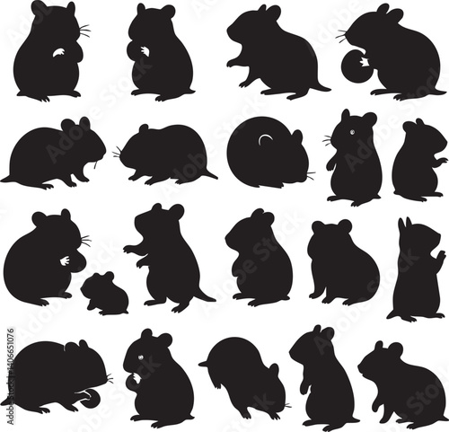 Silhouettes of various rodents in playful poses and activities in a minimalist black design
