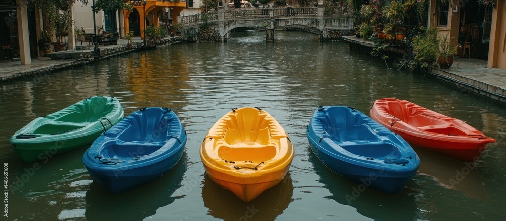 Obraz premium Colorful Kayaks on Canal with Buildings