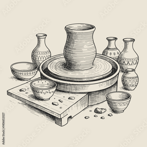 Pottery wheel with crafted vessels in artistic style  