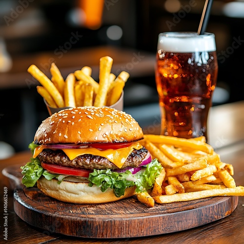 Hamburger with fries and cola