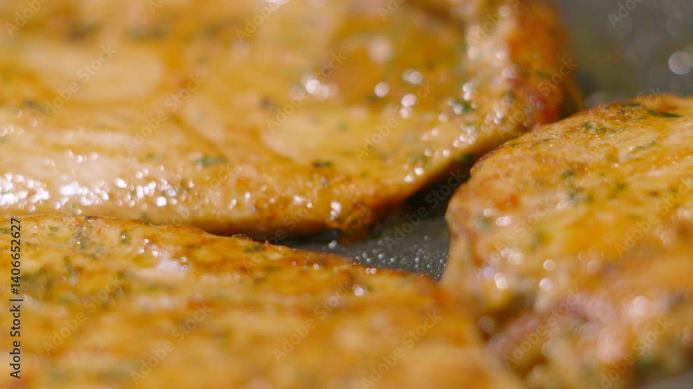 Slow Motion Close Up of Chinese Chicken Steak Fillets in Bubbling Oil in Hot Frying Pan Being Cooked. Food Photography Footage 4K. Slow Motion Close Up of Chinese Chicken Steak Fillets in Bubbling Oil in Hot Frying Pan Being Cooked. Food Photography Footage 4K.