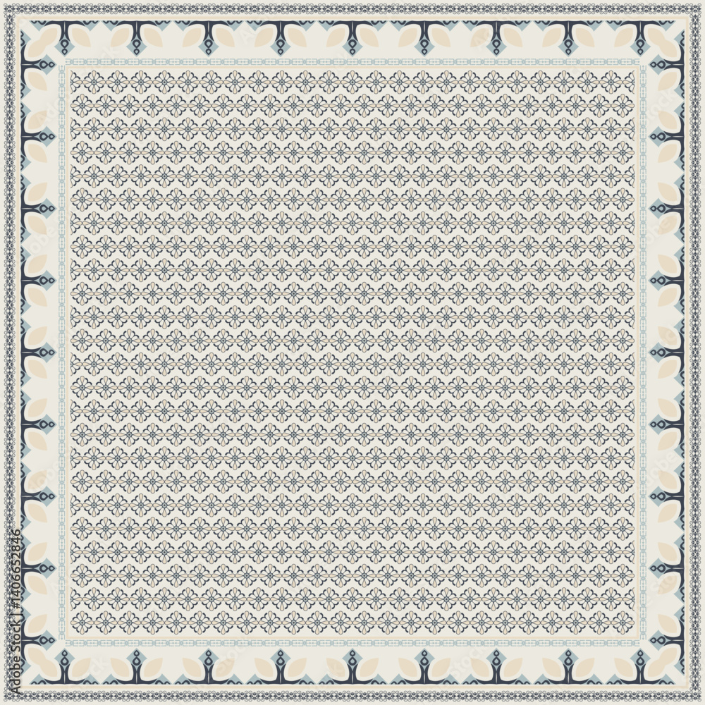 Obraz premium Hijab scarf flower abstract pattern.Ethnic geometric ornament with frame motif border hijab pattern.Design for fabric,print,scarves,shawl,kerchief,bandana,clothing,pareo,pillows,tablecloth,decoration.