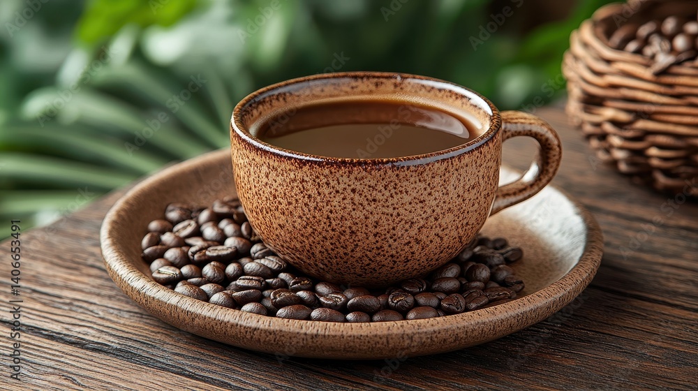 Coffee cup, beans, wooden table, garden Coffee cup, beans, wooden table, garden