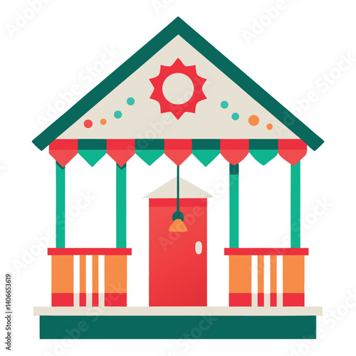 Porch-with-holiday-decor-vector-icon-on-white background. 