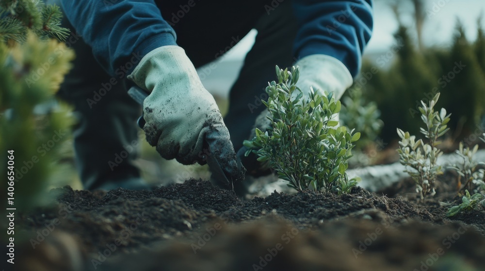 Naklejka premium Landscaper planting shrubs in a garden bed. Featuring outdoor landscaping and gardening