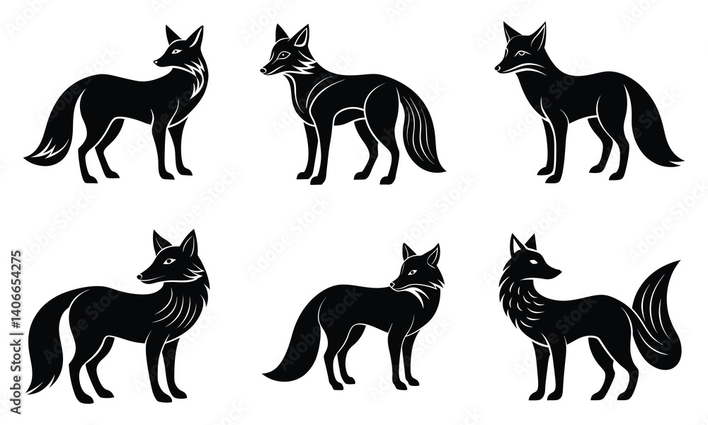 Vector illustration set of black fox silhouettes animal collection Vector illustration set of black fox silhouettes animal collection