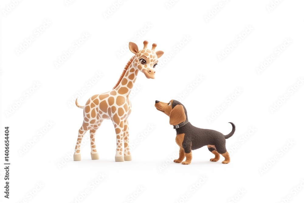 Fototapeta premium A cute cartoon giraffe and dachshund look at each other curiously, creating a heartwarming scene.