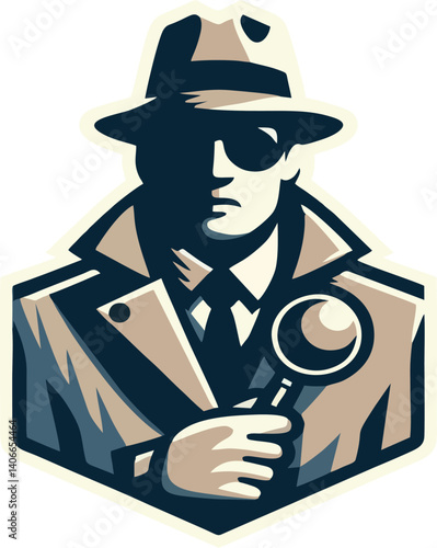 Spy Detective Logo - Mysterious Agent in Trench Coat with Magnifying Glass