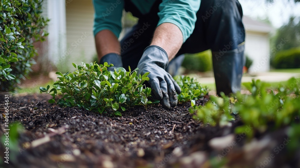 Fototapeta premium Landscaper planting shrubs in a suburban front yard. Featuring landscaping and garden design