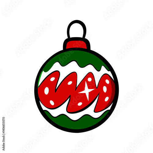Christmas ball ornament decorated with red and green patterns, traditional holiday decoration for Christmas celebrations