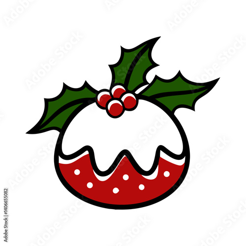 Christmas pudding adorned with holly and berries, festive dessert for holiday celebrations
