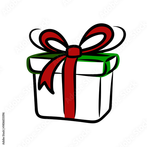 Christmas gift box wrapped in red and green ribbon on a white background