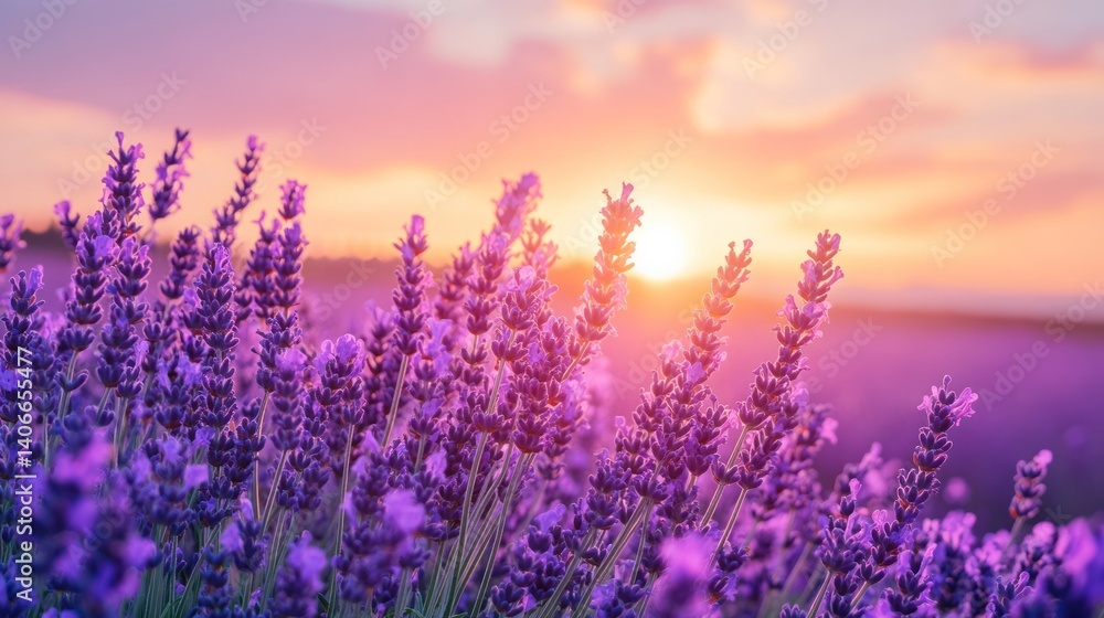 Naklejka premium Lavender field at sunset creating a serene and aromatic visual experience