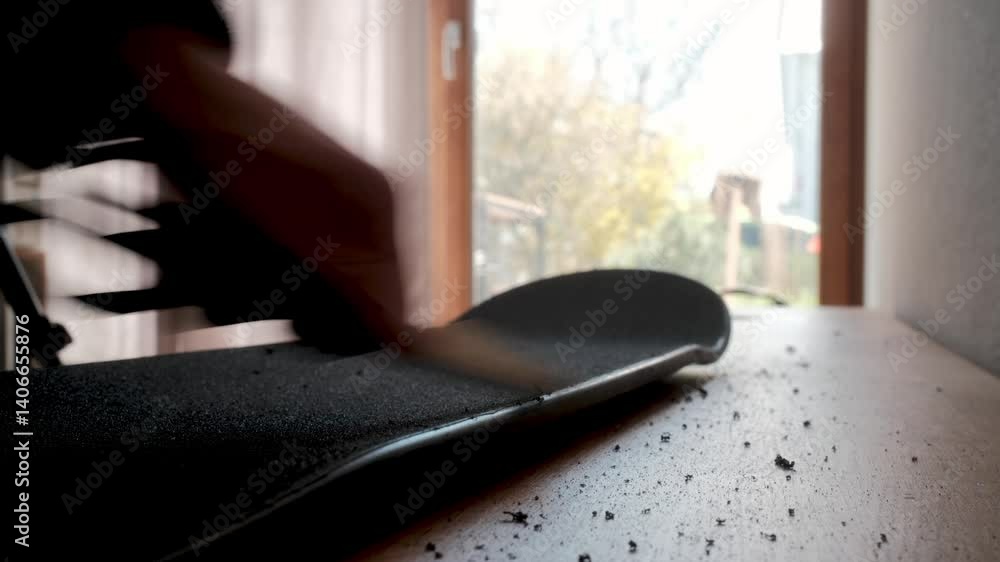 Side view of finishing a skateboard after applying a griptape with a scissors. Typical process for a skater. Side view of finishing a skateboard after applying a griptape with a scissors. Typical process for a skater.