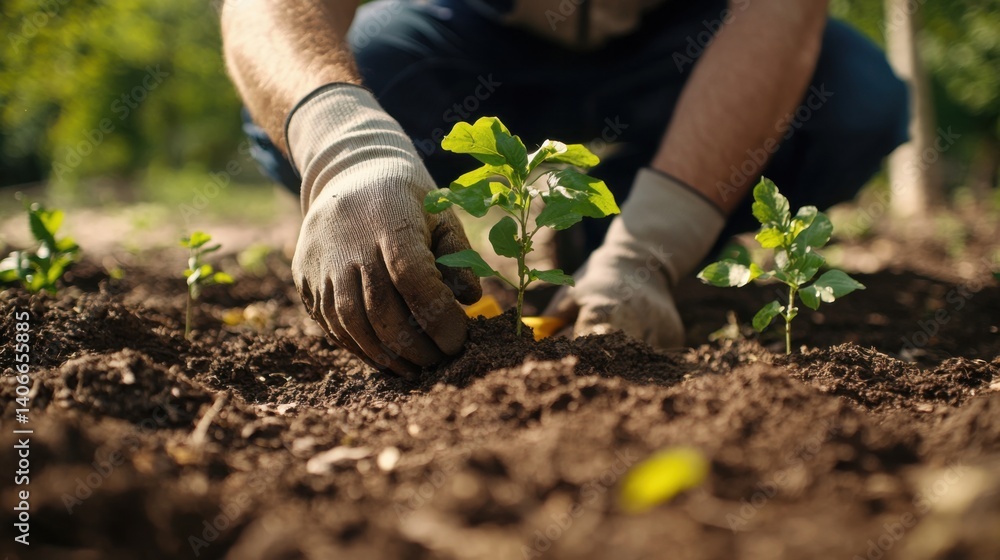 Fototapeta premium Landscaper planting trees in a public park. Featuring landscaping and sustainable design