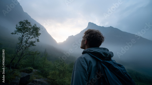Man looking up at misty mountain peaks landscape