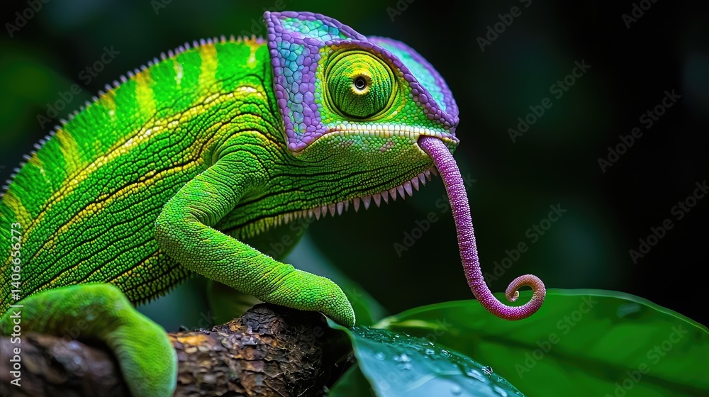 Fototapeta premium Vibrant green chameleon catching prey close up