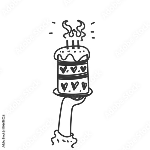 hand drawing doodle hand holding birthday cake