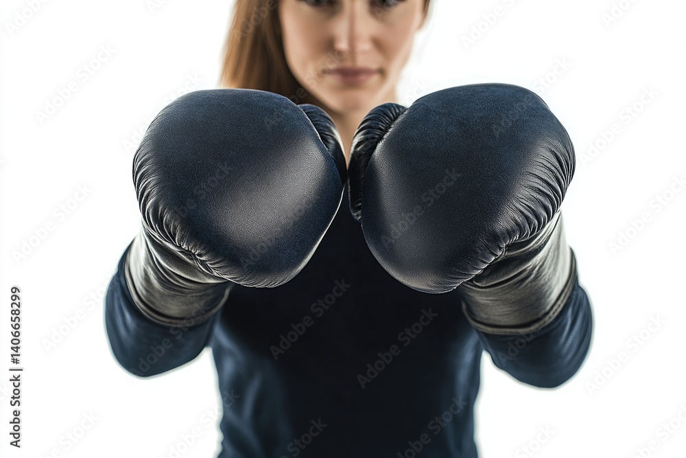 Close-up of a woman's fists wearing dark boxing gloves, ready to fight. Close-up of a woman's fists wearing dark boxing gloves, ready to fight.