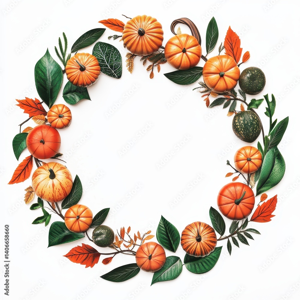 Fototapeta premium Autumn Harvest Wreath Featuring Colorful Pumpkins, Greenery, and Vibrant Fall Leaves Ideal for Seasonal Decor and Thanksgiving Celebrations