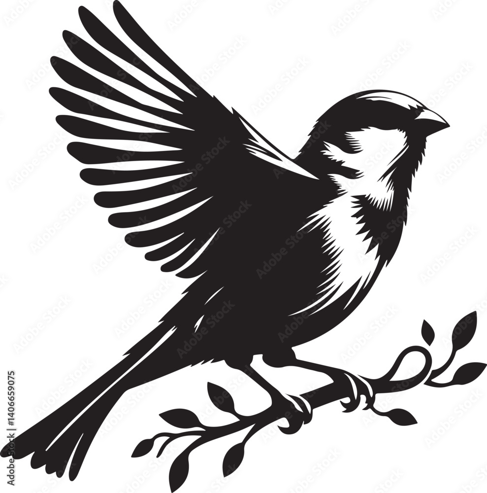 Fototapeta premium Sparrow Silhouette On A Branch On A Transparent Background