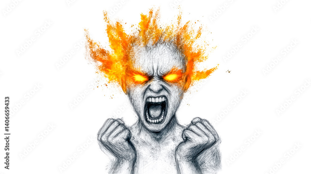 Pencil drawn figure with burning head expressing anger on transparent background Pencil drawn figure with burning head expressing anger on transparent background