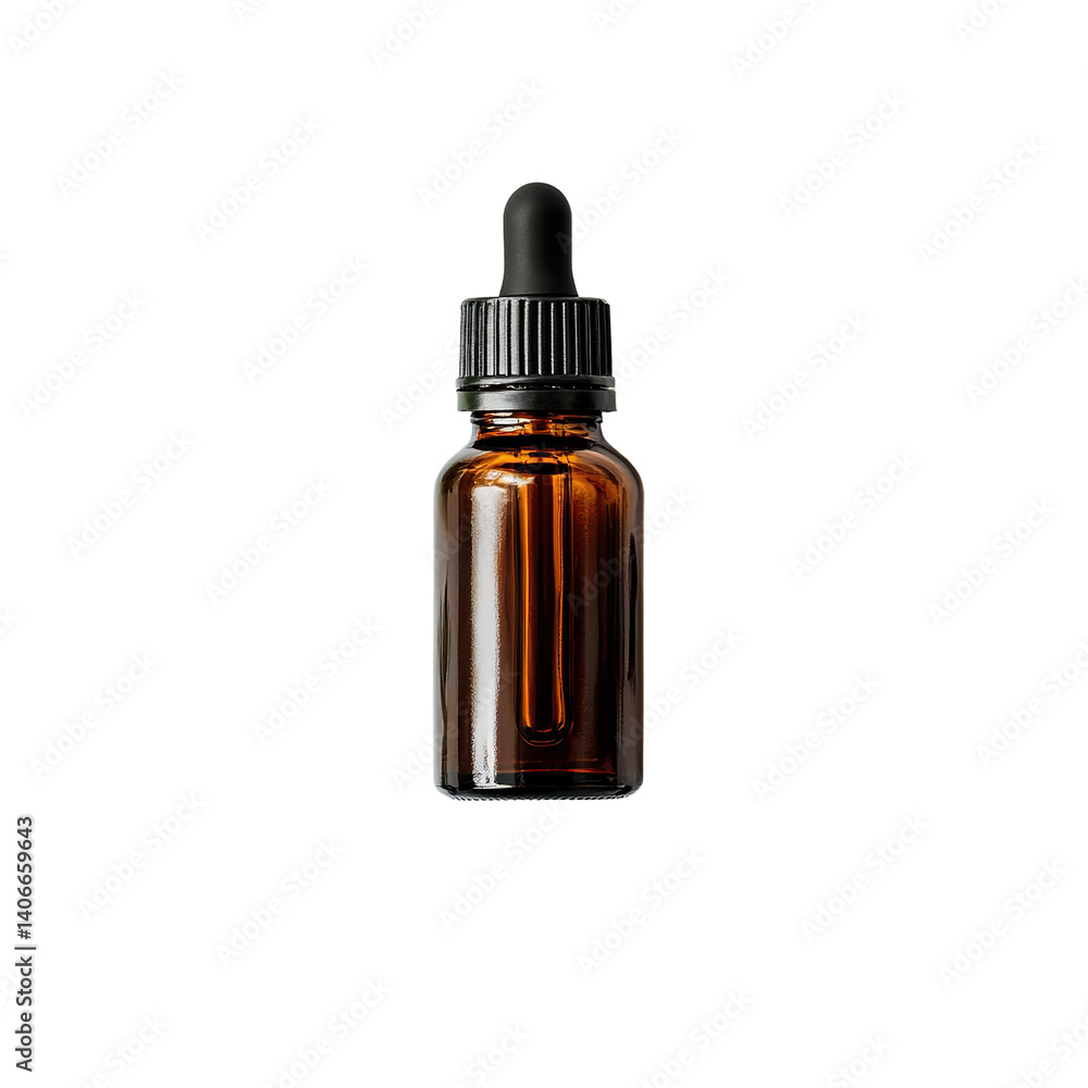 A brown glass medicine bottle with a dropper is isolated on white A brown glass medicine bottle with a dropper is isolated on white