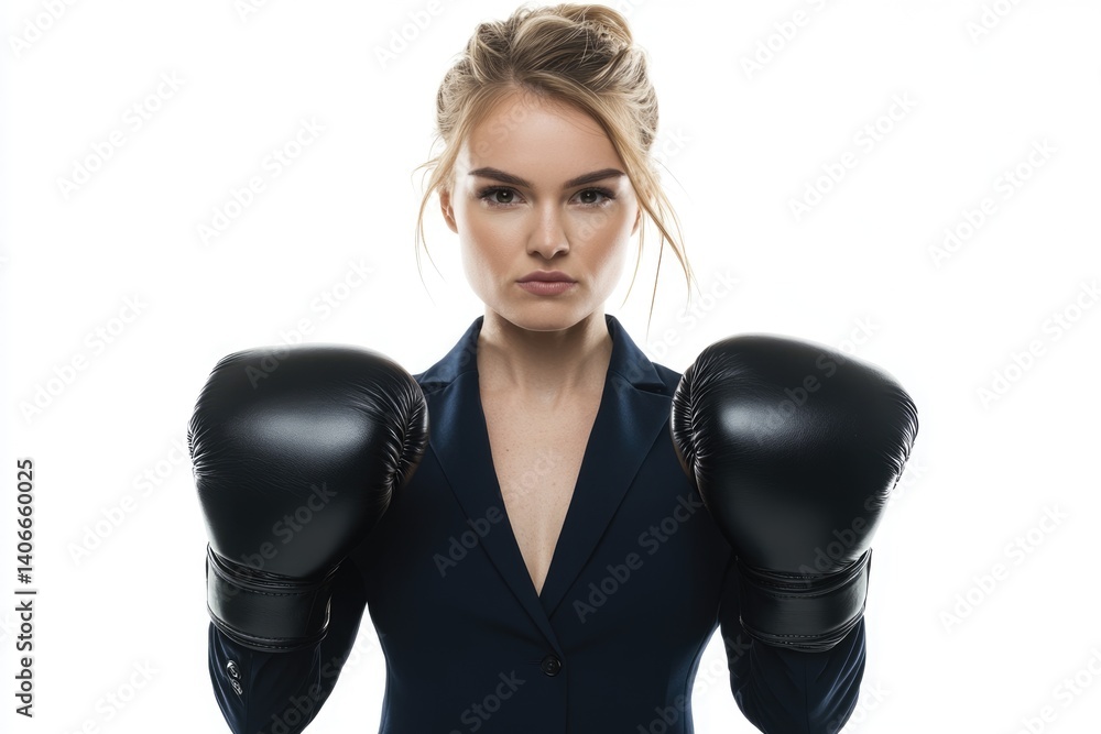 A businesswoman in a navy suit confidently wears black boxing gloves, symbolizing strength and resilience in the corporate world. A businesswoman in a navy suit confidently wears black boxing gloves, symbolizing strength and resilience in the corporate world.