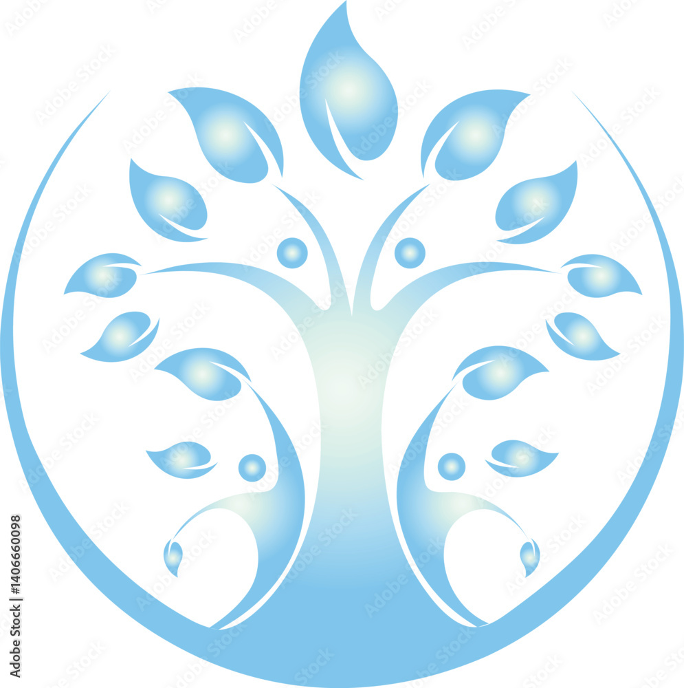Naklejka premium Blue Tree of Life Symbol with Leaves and Human Figures