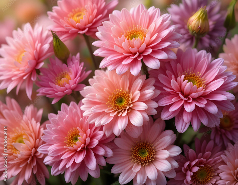 Close-up View of Gorgeous Pink Flowers with Yellow Centers in Bloom for Beauty Close-up View of Gorgeous Pink Flowers with Yellow Centers in Bloom for Beauty