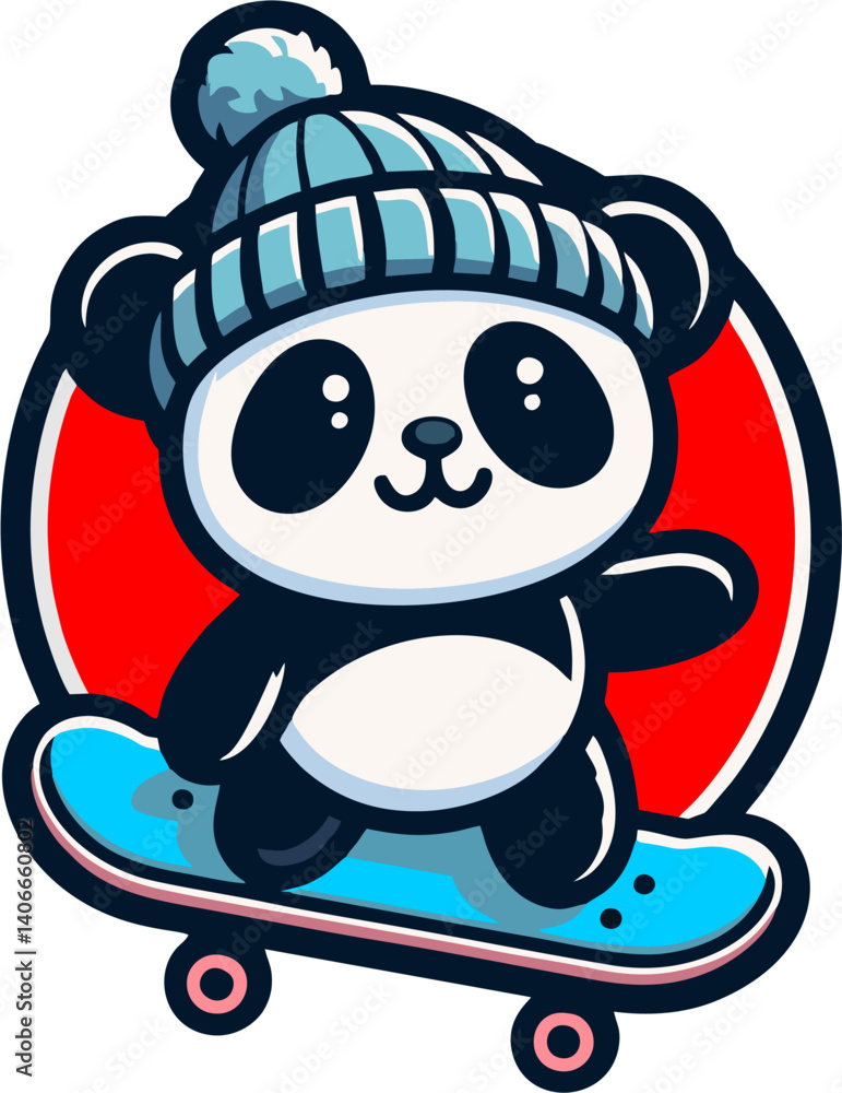 Fototapeta premium Panda wearing blue beanie hat playing skateboard