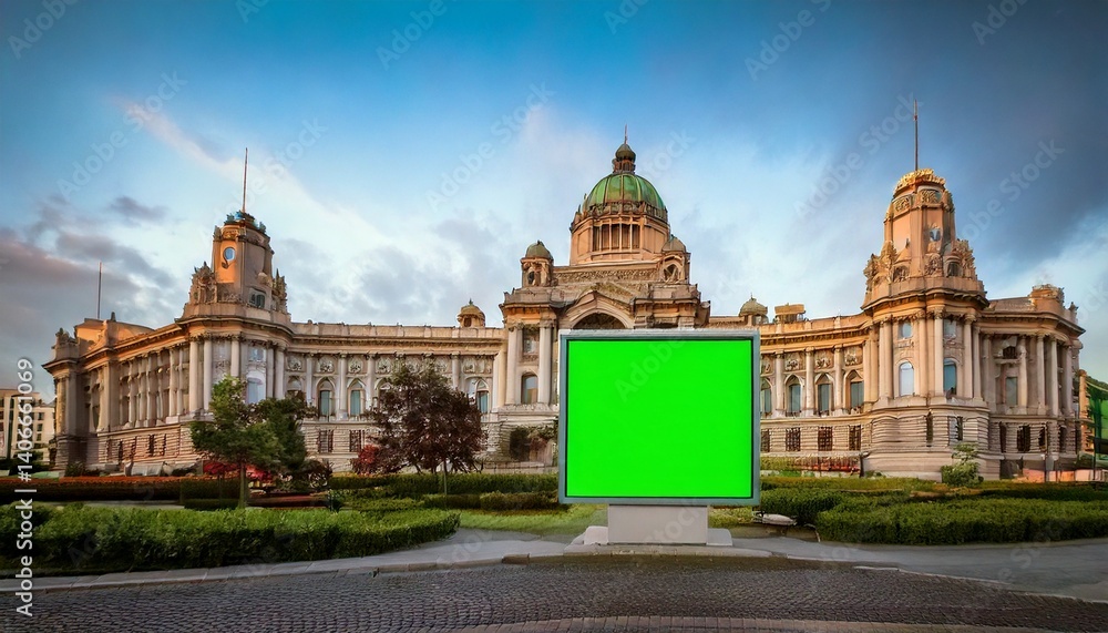 Fototapeta premium Massive Monumental Government Building Featuring a Green Screen Wall