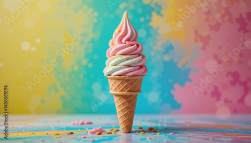 Pastel Swirl Ice Cream Cone: A delightful pastel pink and blue swirl soft serve ice cream cone sits on a table against a vibrant colorful background. Sprinkles surround the base of the cone.