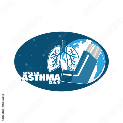 World Asthma Day to celebrate on first Tuesday of May. An asthma inhaler with illustration of lungs and earth in frame on white background. Health event banner.