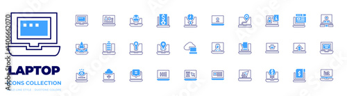 Laptop icon collection. Bold line style. Duotone colors. laptop, player, hacked, low price, startup, battery, location, spy, download, comment, hi, website, gps