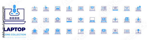 Laptop icon collection. Bold line style. Duotone colors. laptop, online shop, startup, ceo, shopping bag, letter, chat, calculate, smart greenhouse, idea