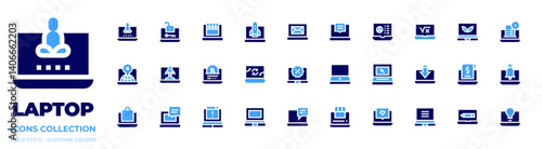 Laptop icon collection. Bold style. Duotone colors. laptop, online shop, startup, ceo, shopping bag, letter, chat, calculate, smart greenhouse, idea