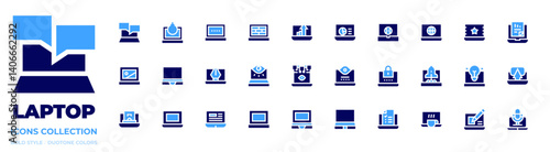 Laptop icon collection. Bold style. Duotone colors. online chat, bomb, key, firewall, laptop, web design, privacy, online payment, computer, movie, idea