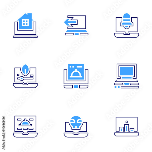 Laptop icon set. Bold line style. Duotone colors. Editable stroke. home, laptop, notifications, monitoring, online order, hacked, computer