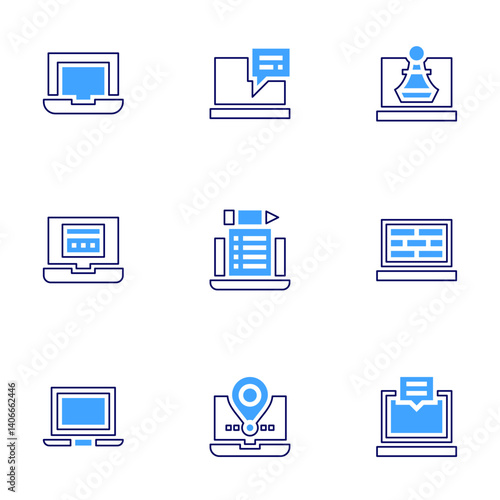 Laptop icon set. Bold line style. Duotone colors. Editable stroke. laptop, chess piece, online payment, firewall, computer
