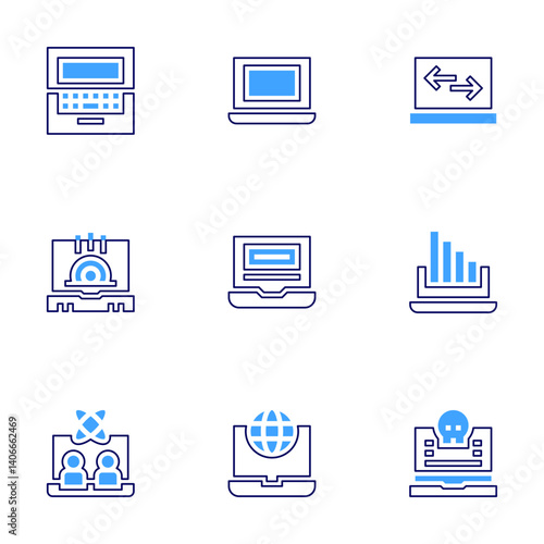 Laptop icon set. Bold line style. Duotone colors. Editable stroke. laptop, data transfer, online donation, reduction, virtual event, worldwide