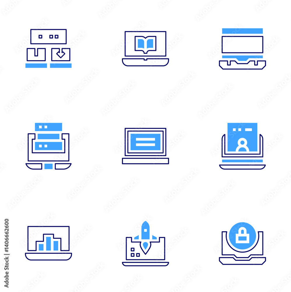Laptop icon set. Bold line style. Duotone colors. Editable stroke. laptop, ebook, database, website, release, security Laptop icon set. Bold line style. Duotone colors. Editable stroke. laptop, ebook, database, website, release, security