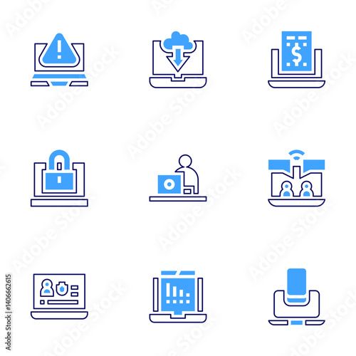 Laptop icon set. Bold line style. Duotone colors. Editable stroke. laptop, download, bailment, padlock, video conference, player, blog, compatibility