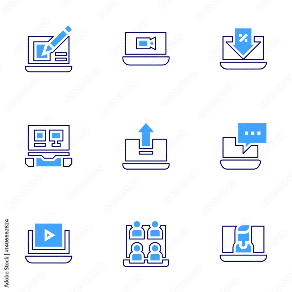 Laptop icon set. Bold line style. Duotone colors. Editable stroke. web design, laptop, discount, electronics, upload, video tutorial, virtual event, videocall Laptop icon set. Bold line style. Duotone colors. Editable stroke. web design, laptop, discount, electronics, upload, video tutorial, virtual event, videocall